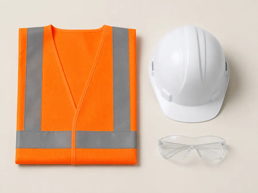 Referencia visual de chaleco, casco y lentes de seguridad sin marca